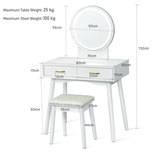 Vanity Set with Rounded and Lighted Mirror in 3 Light Colors