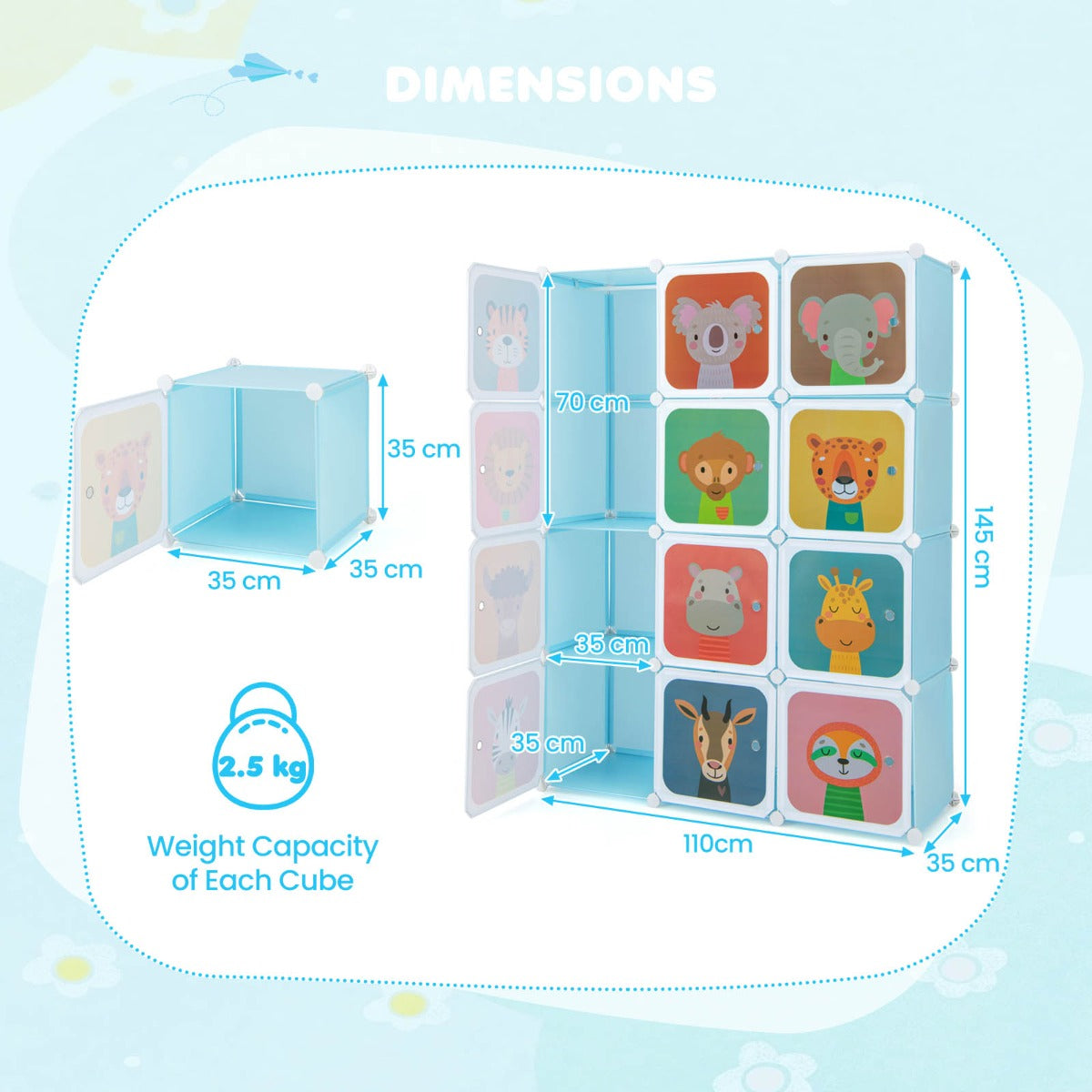 12-Cube Wardrobe Baby Dresser with Doors and 2 Rods