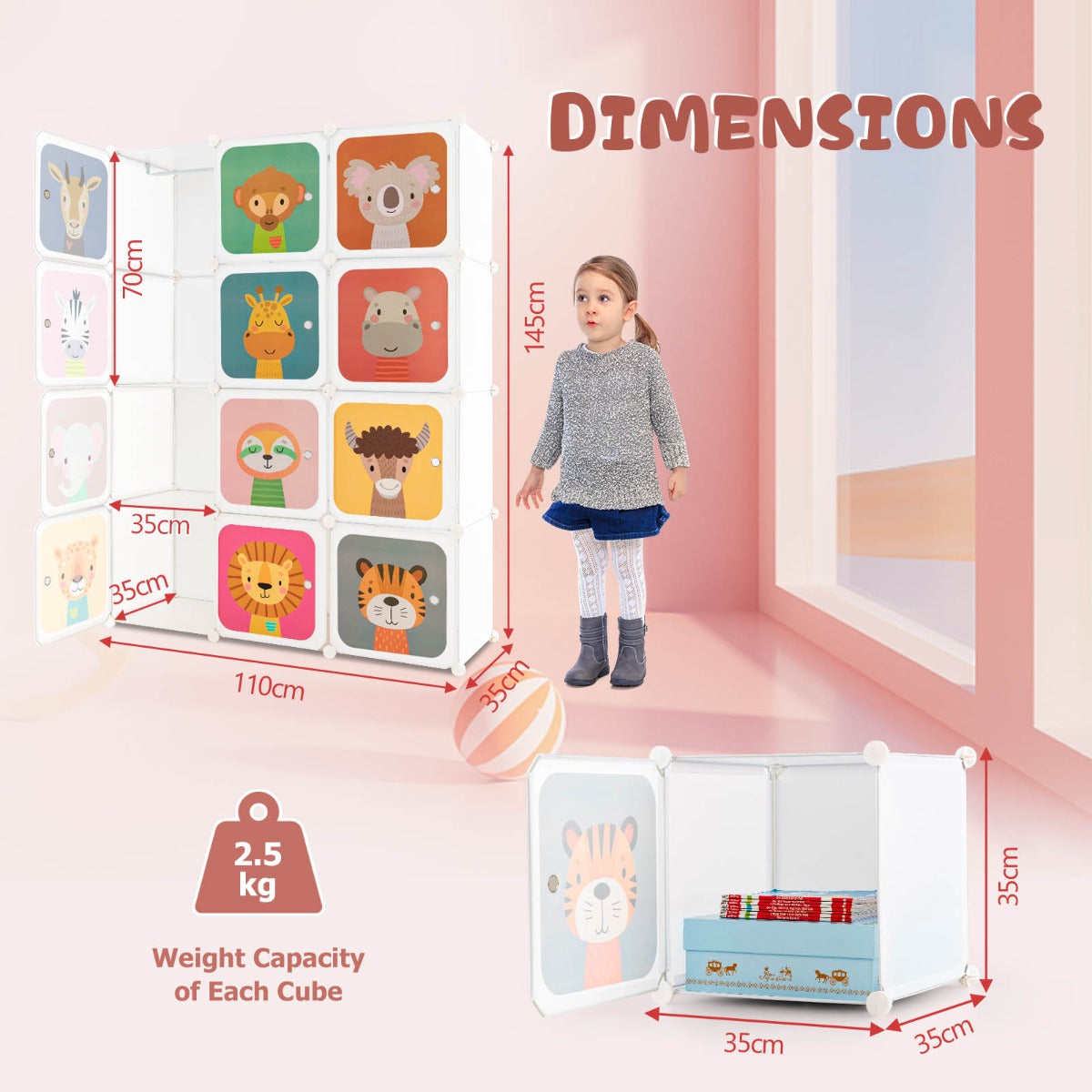 12-Cube Wardrobe Baby Dresser with Doors and 2 Rods