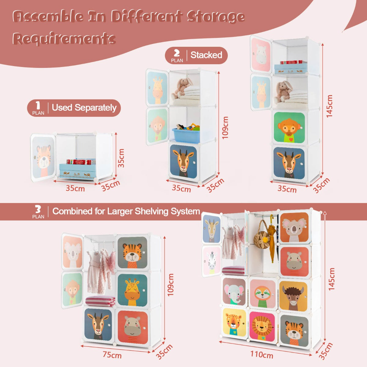 12-Cube Wardrobe Baby Dresser with Doors and 2 Rods