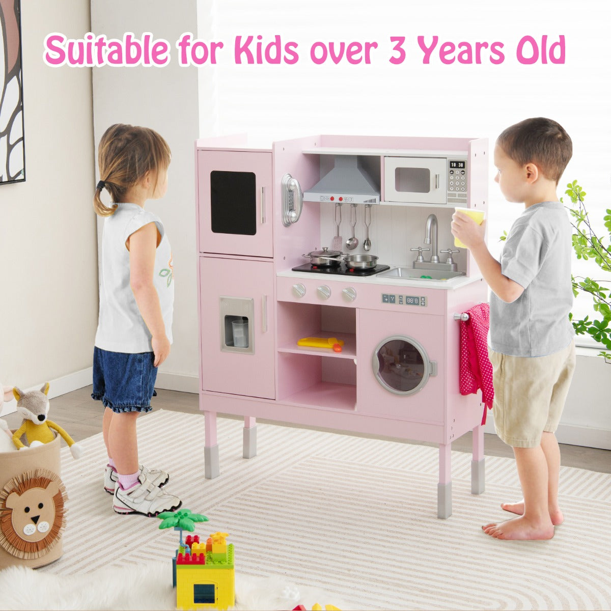 Wooden Play Kitchen Pretend Play Kitchen Toy Playset with Real Sounds and Lights