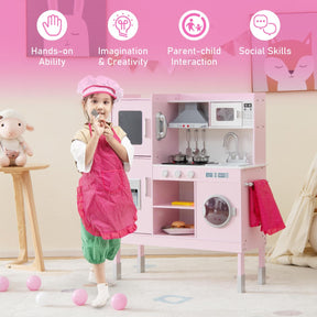 Wooden Play Kitchen Pretend Play Kitchen Toy Playset with Real Sounds and Lights