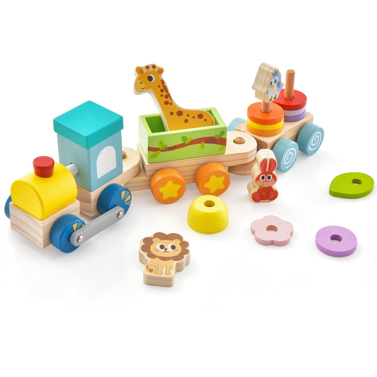 Wooden Stackable Educational Train Set with Colorful Animal Toys