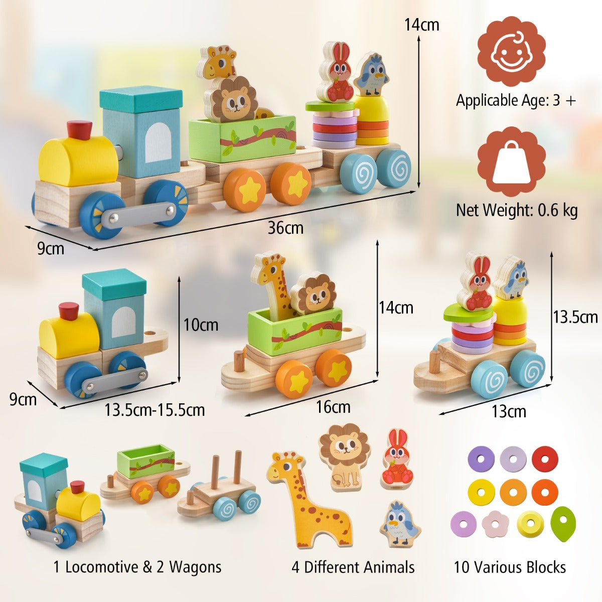 Wooden Stackable Educational Train Set with Colorful Animal Toys