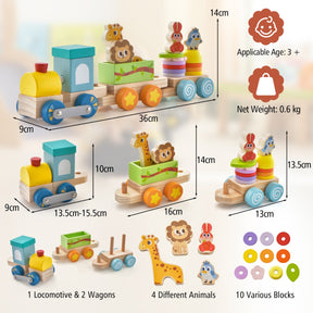 Wooden Stackable Educational Train Set with Colorful Animal Toys