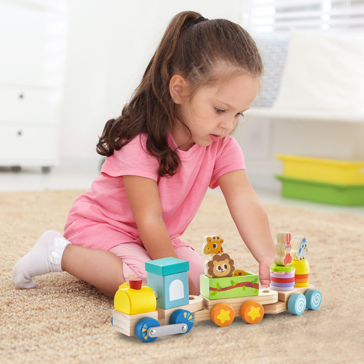 Wooden Stackable Educational Train Set with Colorful Animal Toys