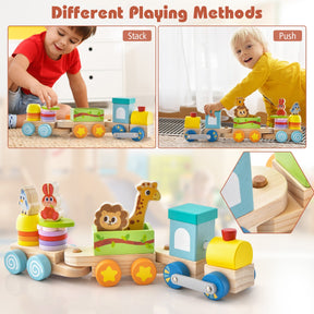 Wooden Stackable Educational Train Set with Colorful Animal Toys