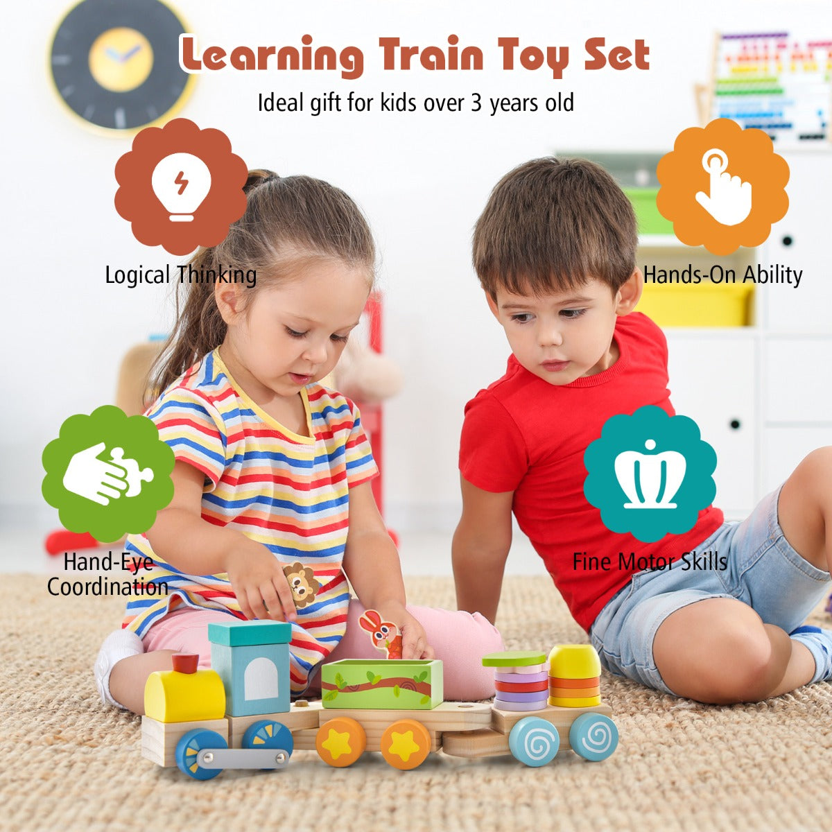 Wooden Stackable Educational Train Set with Colorful Animal Toys