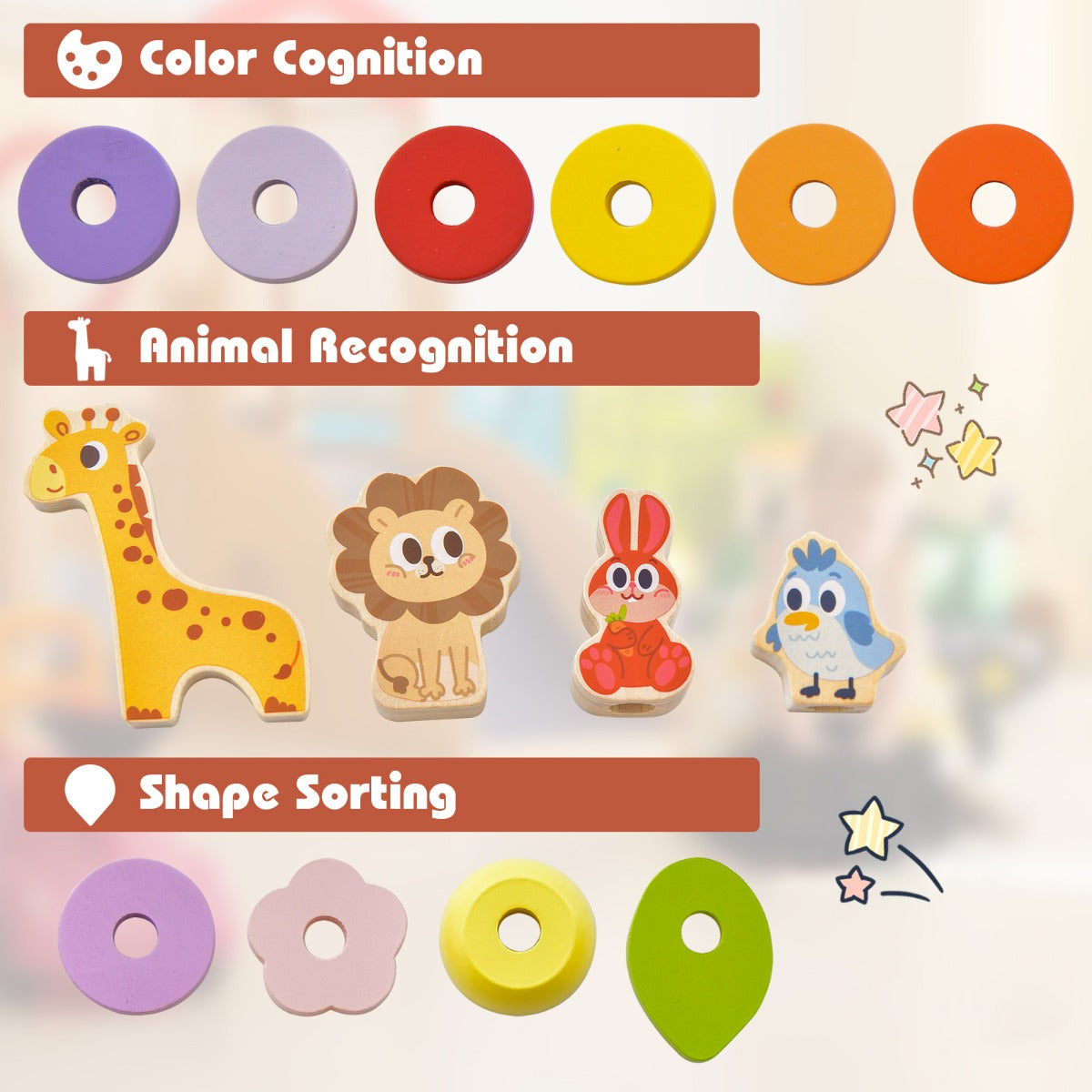 Wooden Stackable Educational Train Set with Colorful Animal Toys