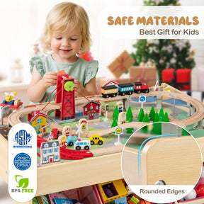 Wooden Train Table Multipurpose Activity Play Table with 3 Storage Bins