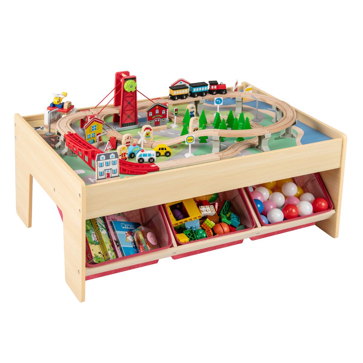 Wooden Train Table Multipurpose Activity Play Table with 3 Storage Bins