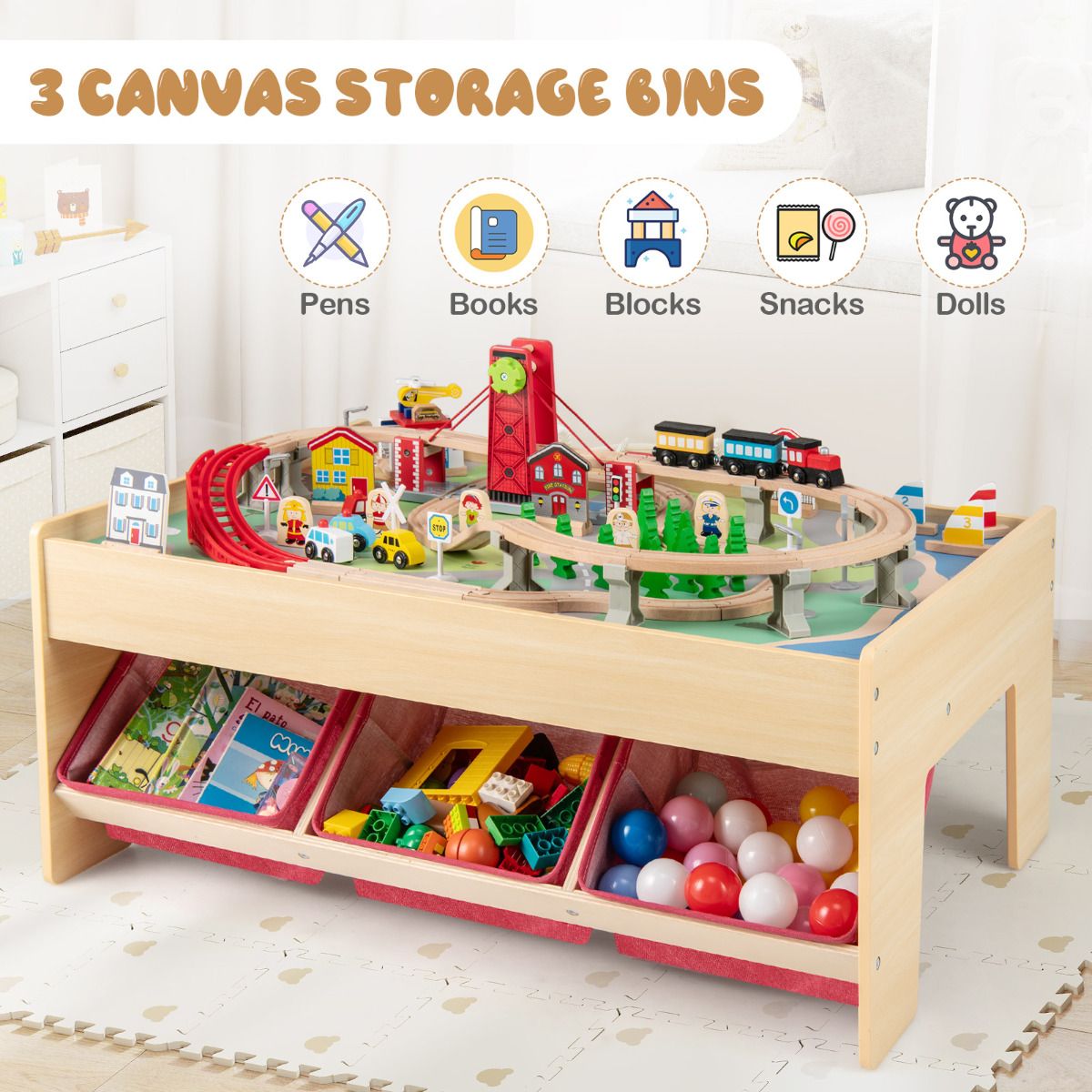 Wooden Train Table Multipurpose Activity Play Table with 3 Storage Bins
