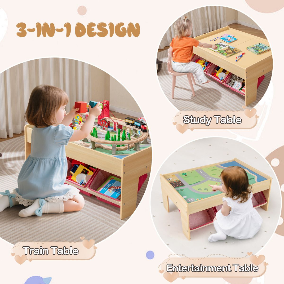 Wooden Train Table Multipurpose Activity Play Table with 3 Storage Bins