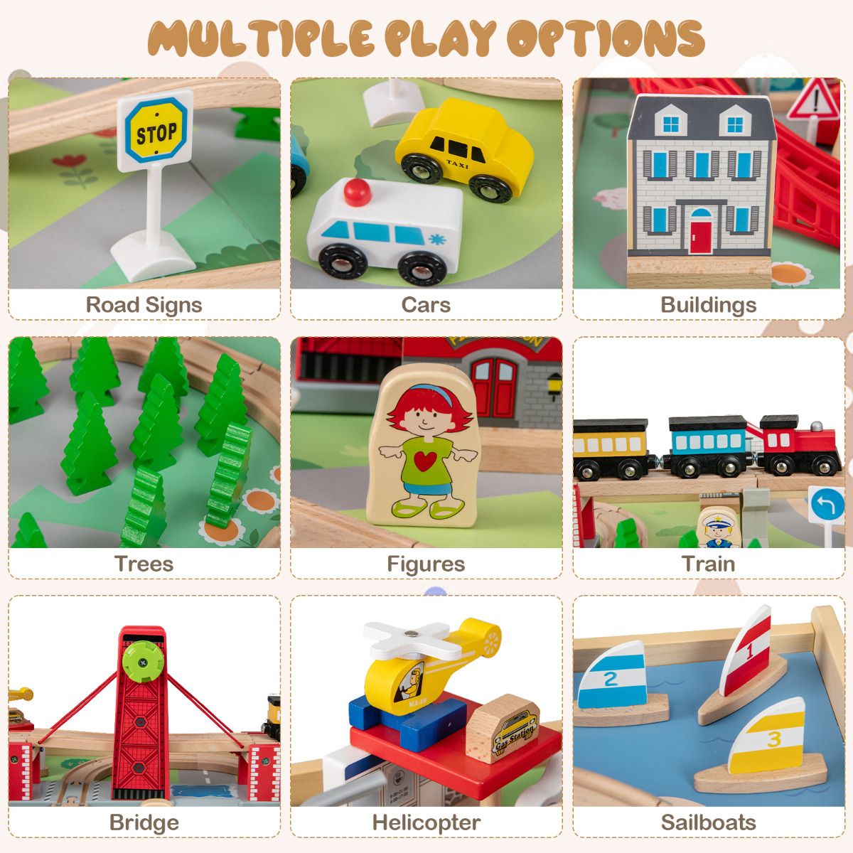 Wooden Train Table Multipurpose Activity Play Table with 3 Storage Bins