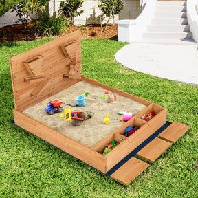 Kids Wooden Square Sandbox with Cover and 3 Hidden Storage Boxes