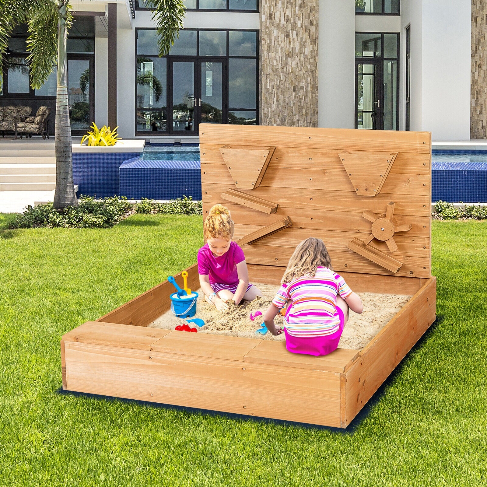 Kids Wooden Square Sandbox with Cover and 3 Hidden Storage Boxes