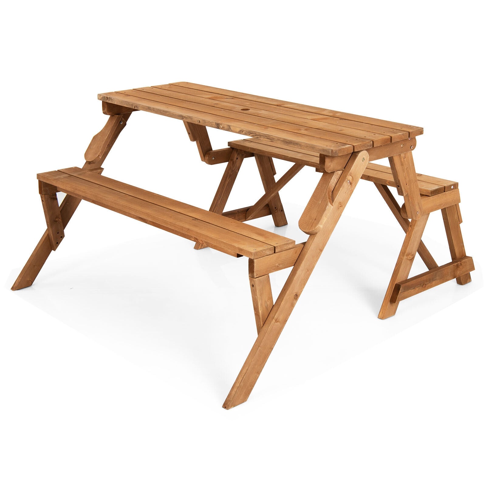 2-in-1 Interchangeable Wooden Outdoor Picnic Table Bench with Umbrella Hole