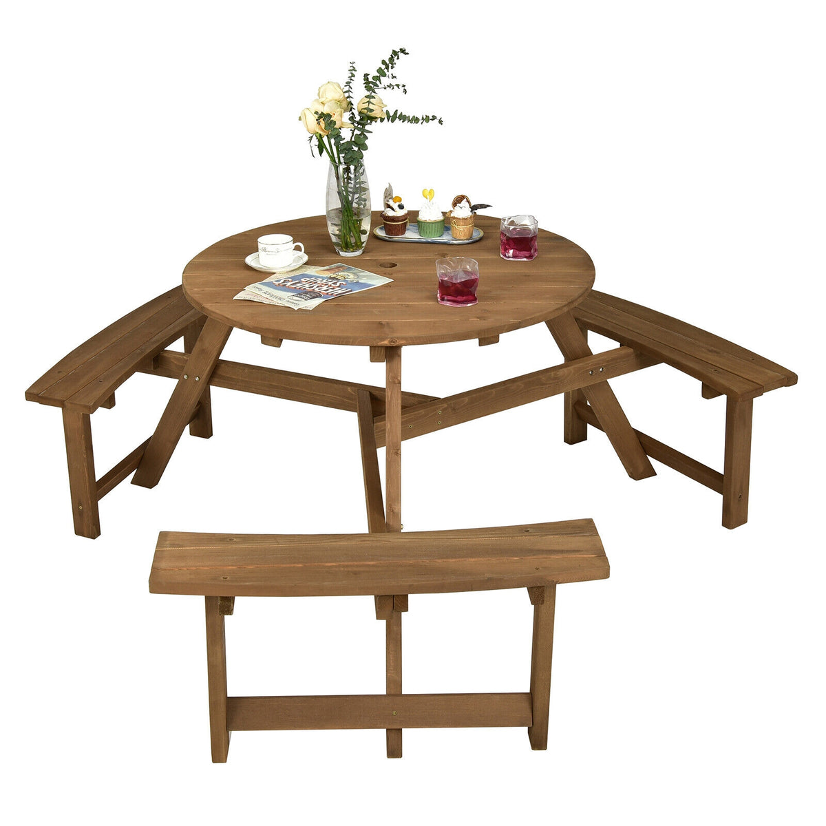 6-person Round Wooden Outdoor Picnic Table Benches Set with Umbrella Hole