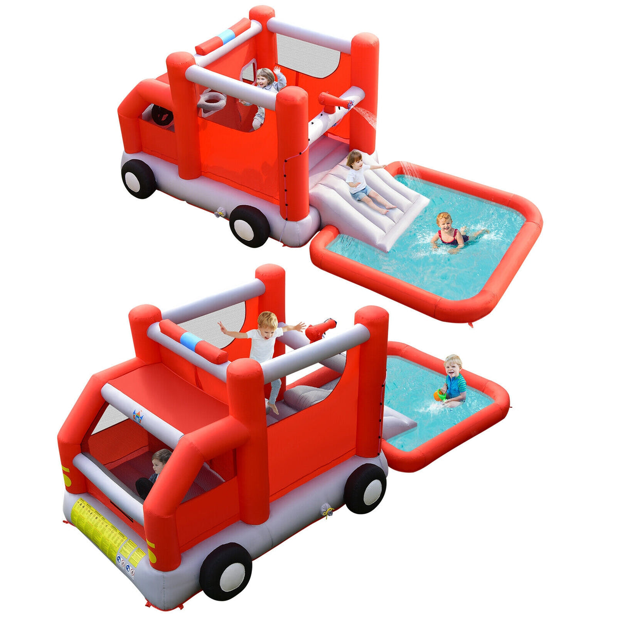 Fire Truck Themed Inflatable Castle Water Park Kids Bounce House without Blower