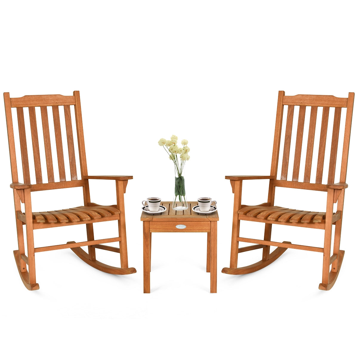 3 Pieces Eucalyptus Rocking Chair Set with Coffee Table for Outdoor Patio and Garden