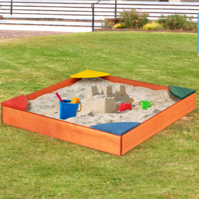 Hikidspace Outdoor Wooden Backyard Sandbox with Built-in Corner Seating for Kids