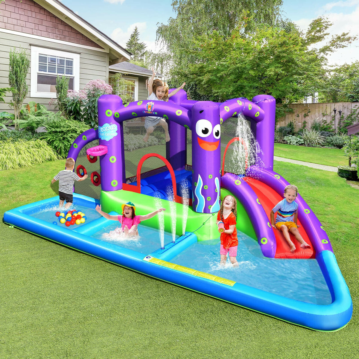 Inflatable Bounce House Castle Water Slide Park with Splash Pool and 750W Blower