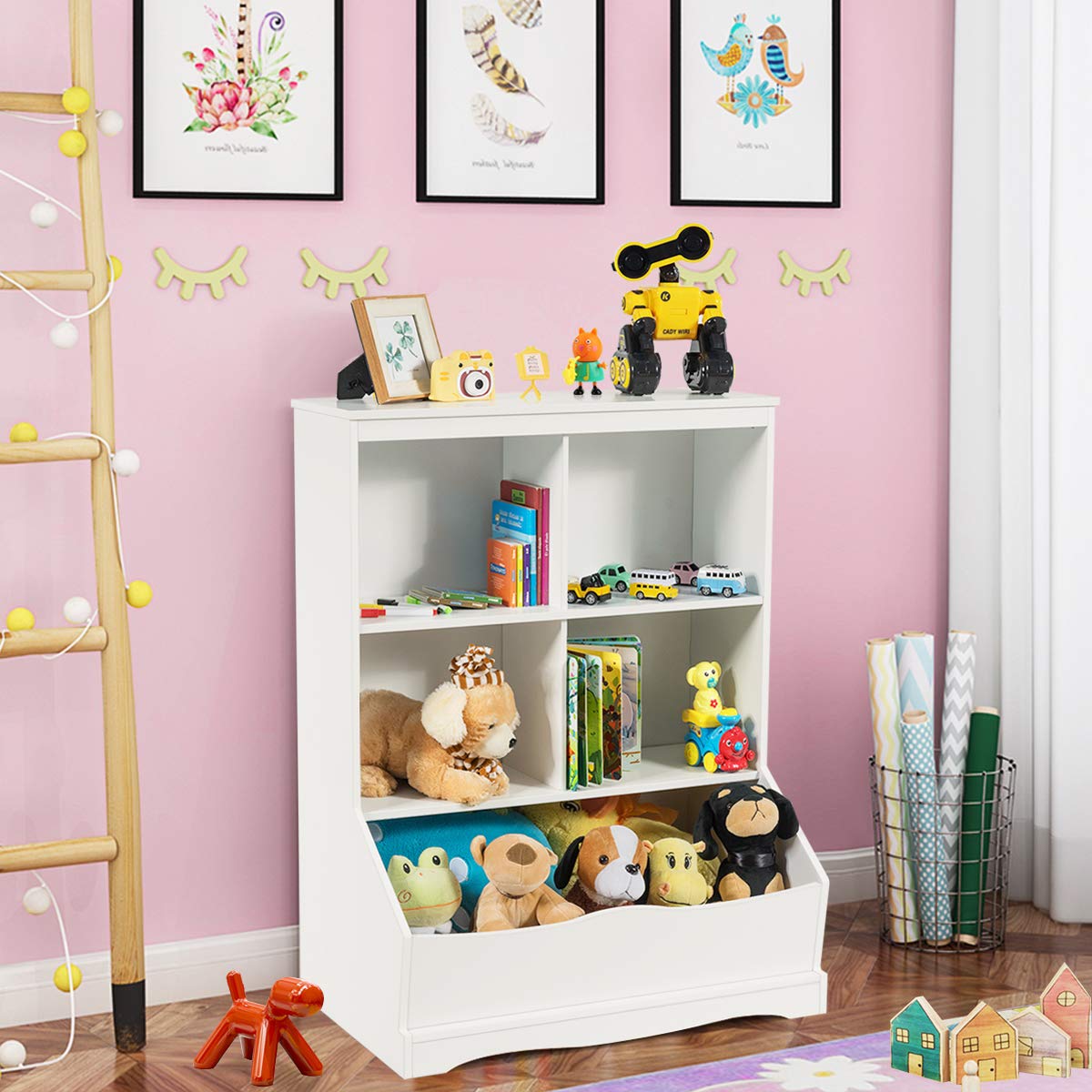 Hikidspace 3-Tier Multi-Functional Kids Bookcase with 5 Toys Storage Boxes