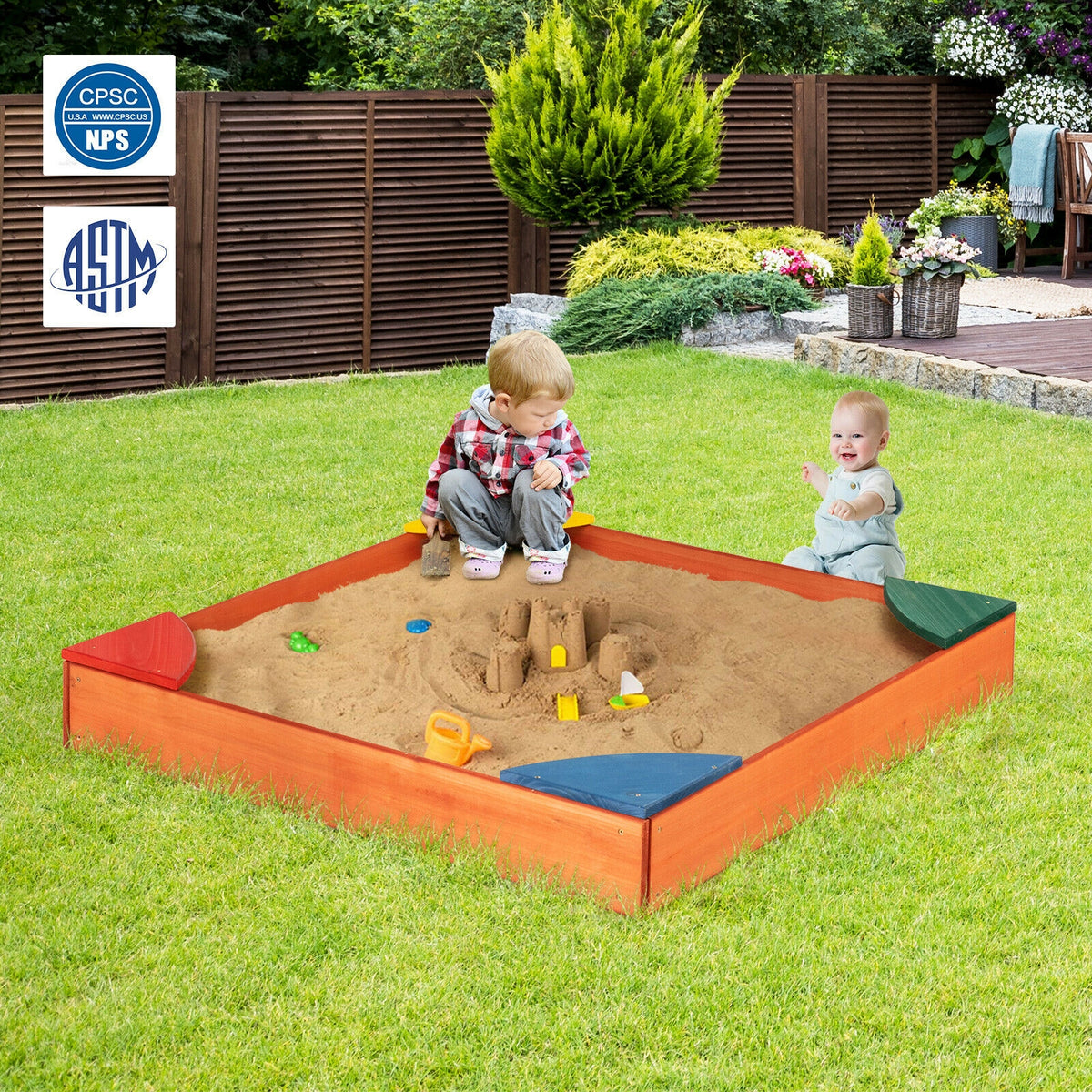 Hikidspace Outdoor Wooden Backyard Sandbox with Built-in Corner Seating for Kids
