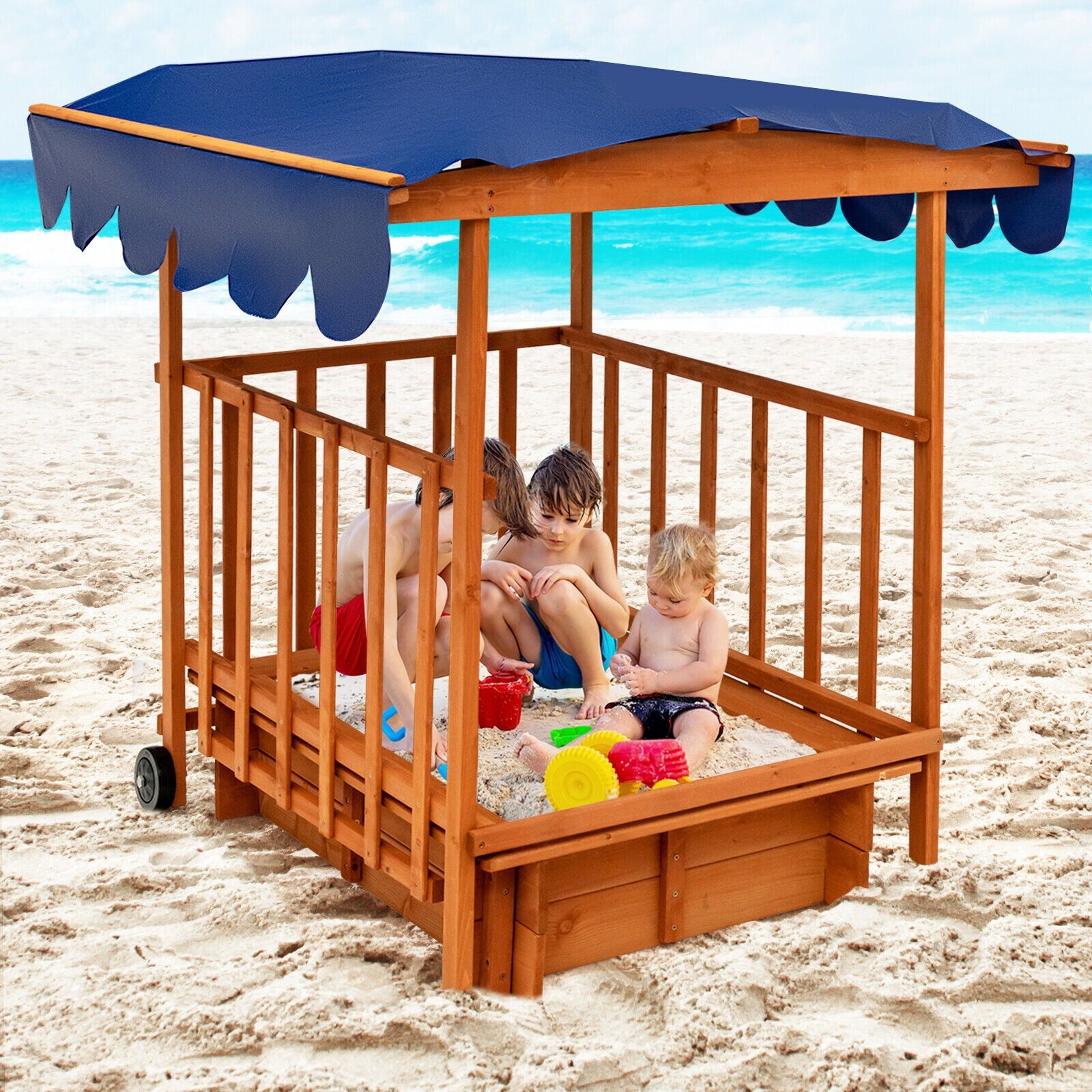 Kids Outdoor Wooden Retractable Sandbox with Canopy and Built-in Wheels