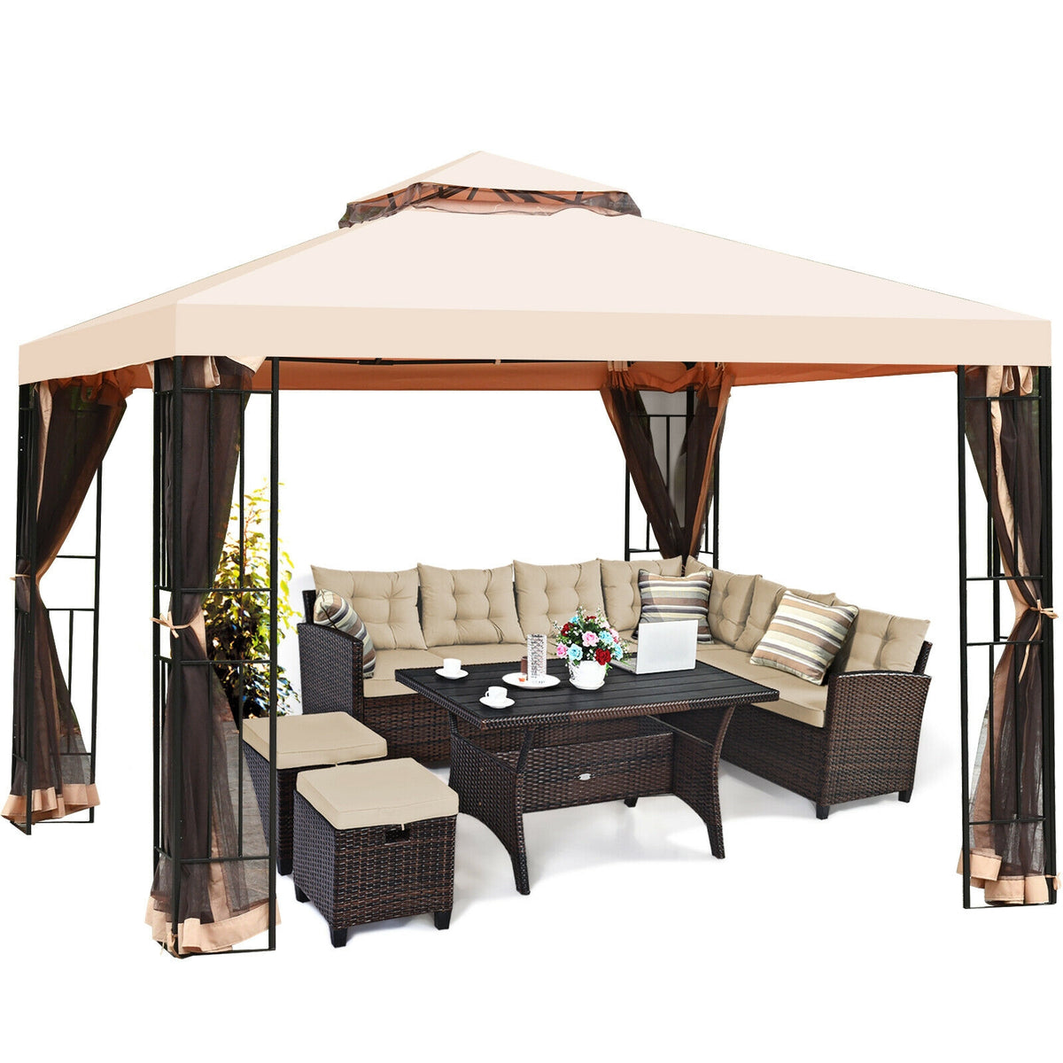 Hikidspace 10 x 10 ft 2-Tier Vented Metal Gazebo Canopy with Mosquito Netting