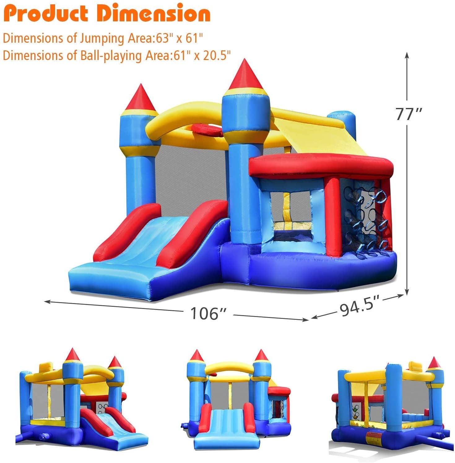 Castle Slide Inflatable Bounce House with Ball Pit and Basketball Hoop