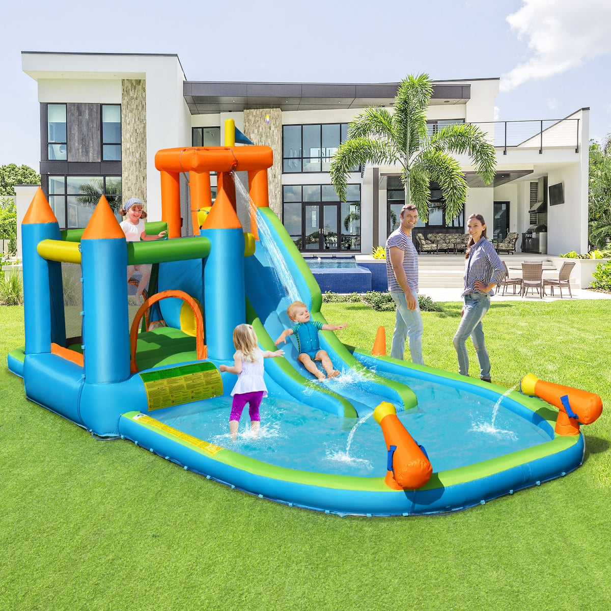 Inflatable Water Slide with Bounce House and Splash Pool without Blower