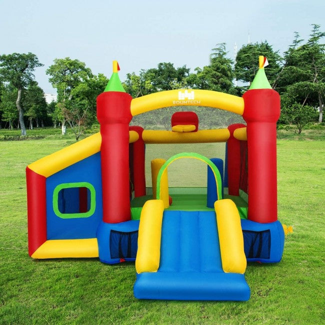 Kids Gift Inflatable Slide Bounce House Castle with 480W Blower and Basketball Hoop