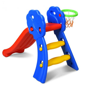 2 Step Kids Plastic Folding Slide with Basketball Hoop for Indoors and Outdoors