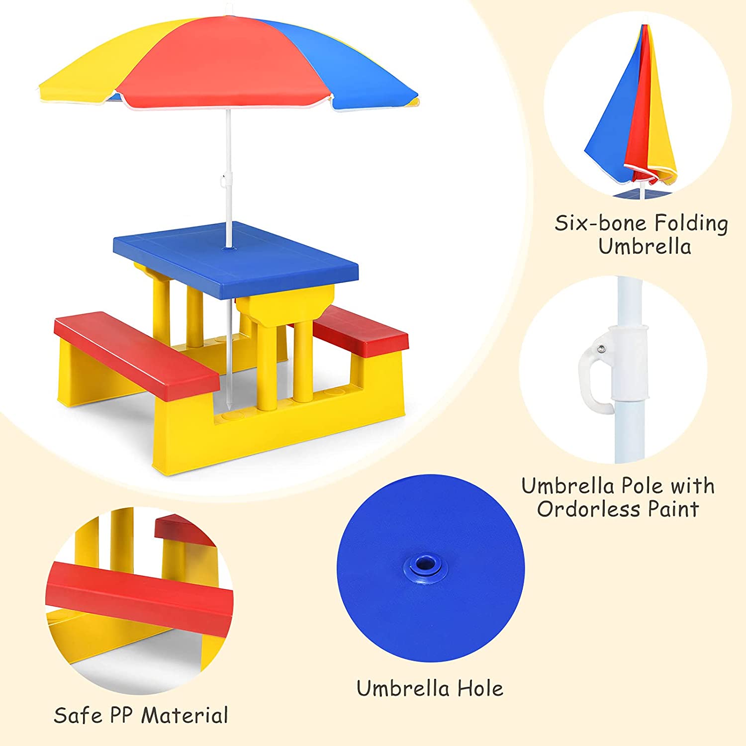 Kids Folding Picnic Table with Removable Folding Umbrella