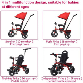 4-in-1 Kids Tricycle with Adjustable Push Handle and Canopy