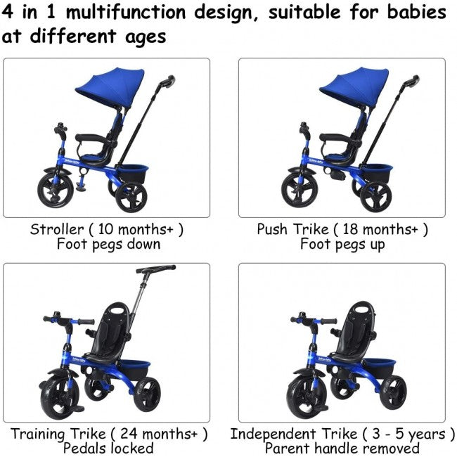4-in-1 Kids Tricycle with Adjustable Push Handle and Canopy