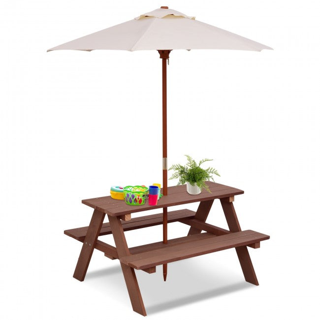 4-Seat Kids Picnic Table Bench Set with Removable Umbrella for Outdoor