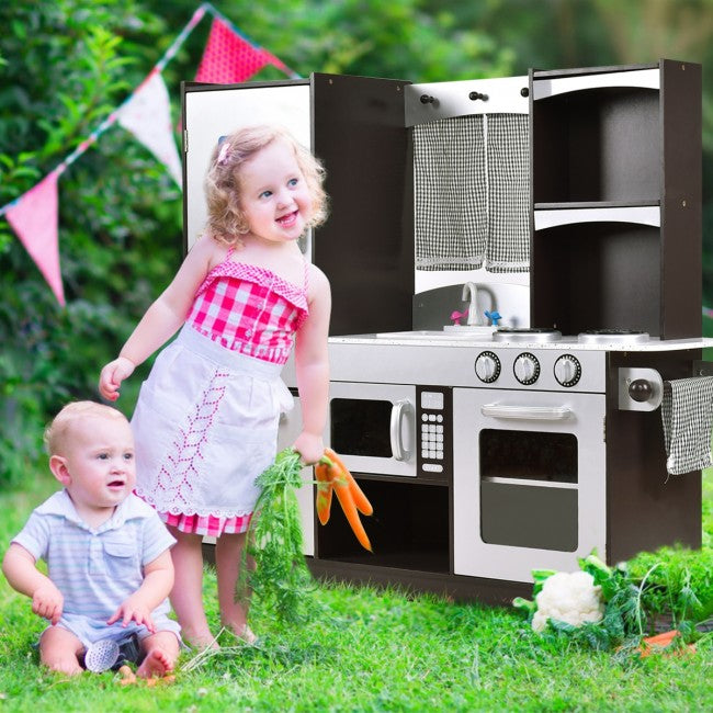 Wooden Play Kitchen Toy Kitchen with Microwave for Toddlers