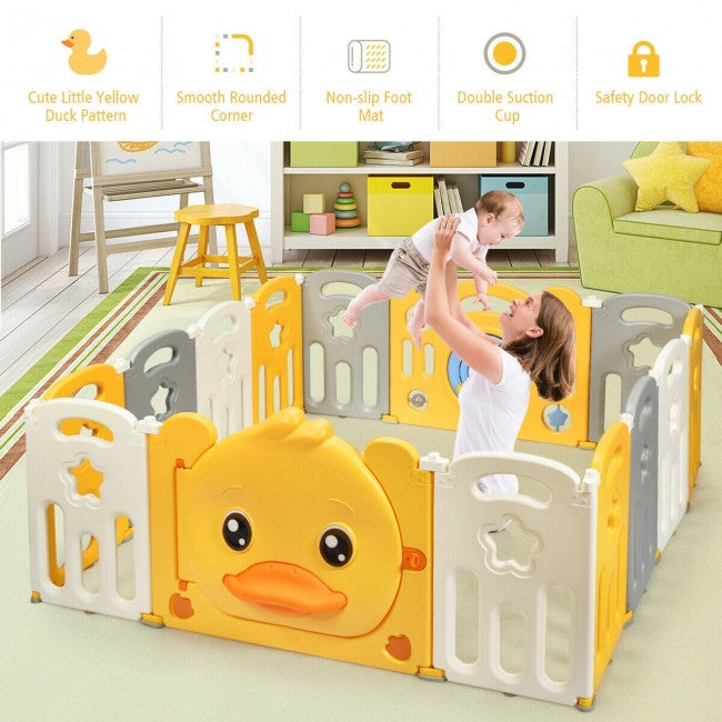 Yellow Duck Portable 16-Panel Baby Playpen with Non-Slip Rubber Bases