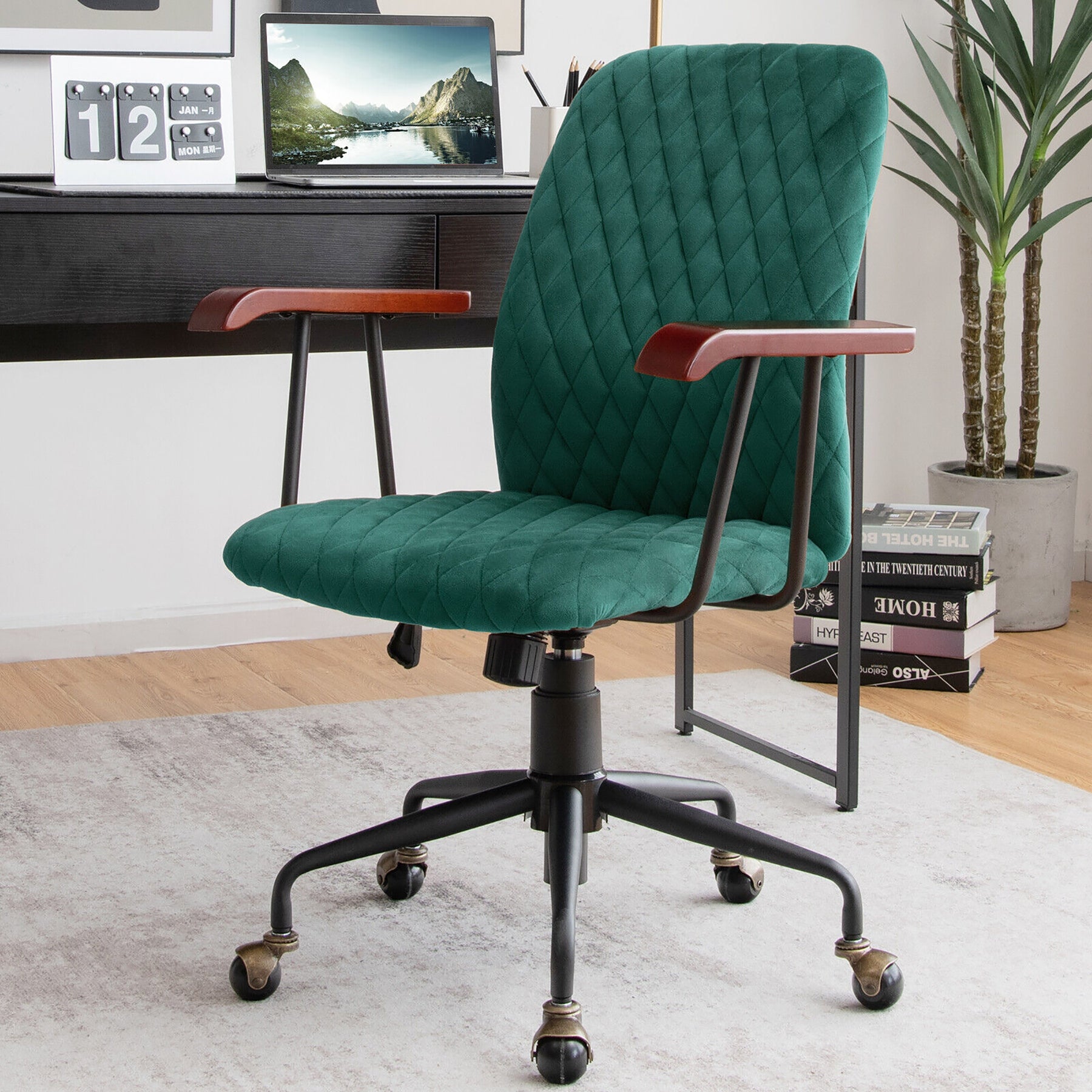 Velvet Adjustable Height Chair with Wooden Armrest for Home and Office