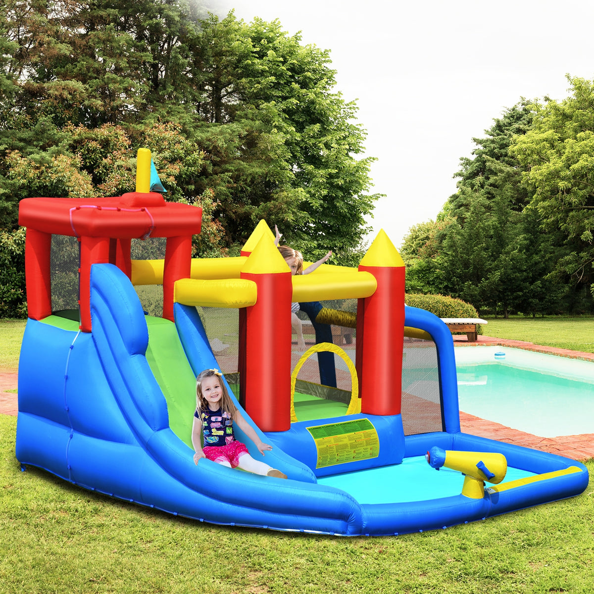 7-in-1 Inflatable Bounce House Splash Pool with Water Climb Slide with Blower