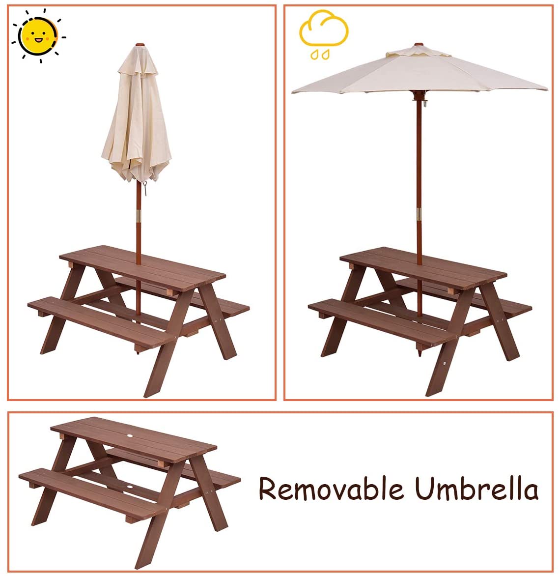 4-Seat Kids Outdoor Picnic Dining Table Bench Set with Removable Umbrella